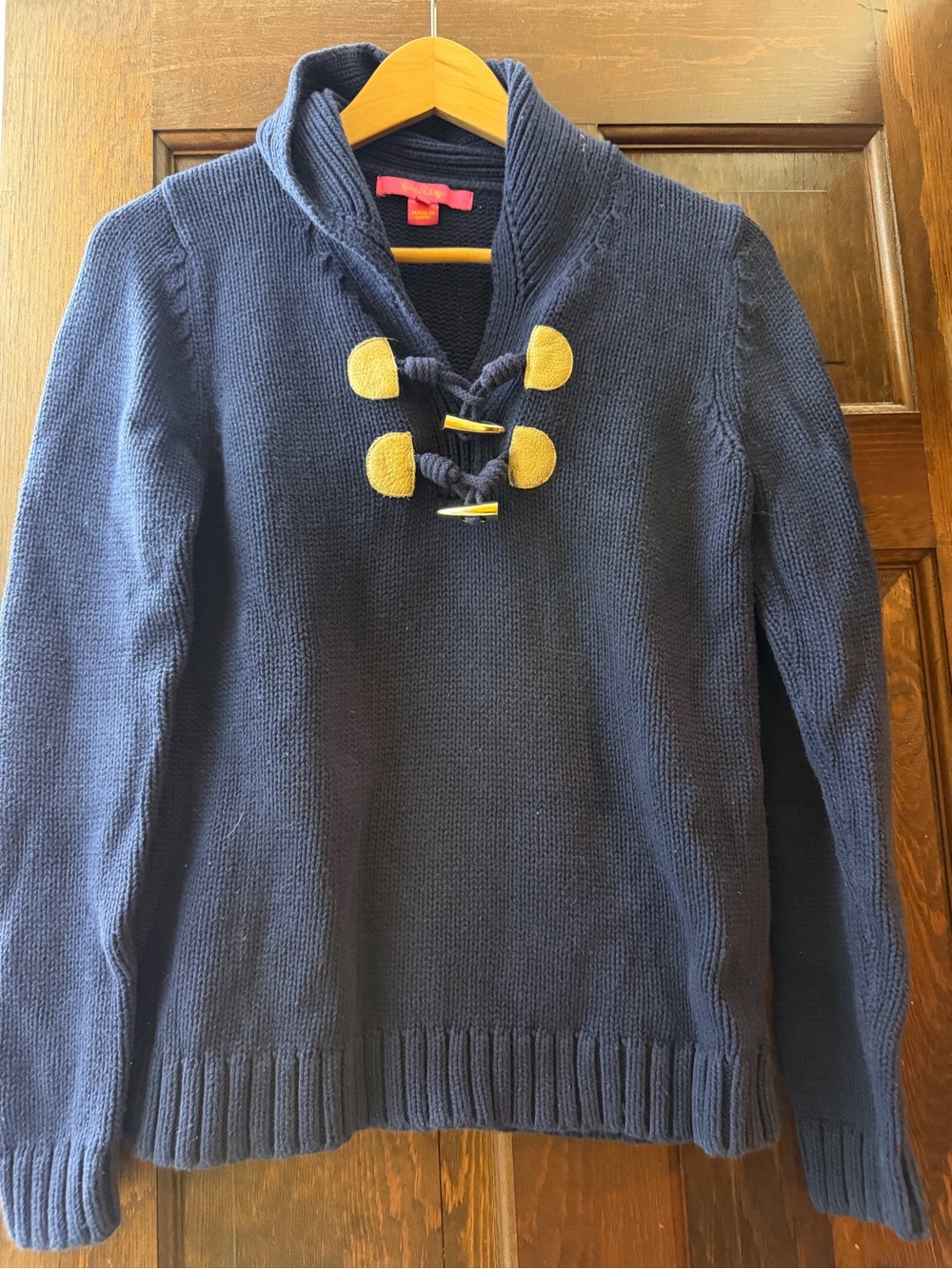 Lilly Pulitzer Navy Knit V-Neck Sweater with Yellow Toggle Accents